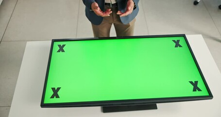 Aufkleber - Green screen, planning and person with monitor, office and online for ad campaign with tech and hands. Tracking markers, mockup and checking target audience with app, employee and closeup on website