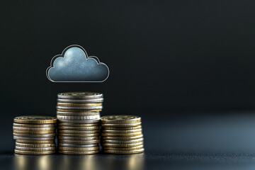 Poster - Stacks of coins with a cloud above them on a dark background representing cloud computing costs