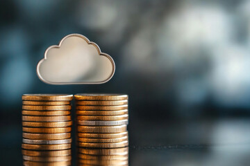 Poster - Stacks of coins with a cloud above them representing cloud computing and financial technology