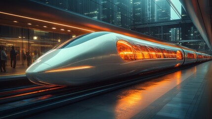 Aufkleber - A high speed maglev train stands at a sleek urban terminal, illuminated by futuristic lighting, while travelers wait for departure in an advanced transportation setting.