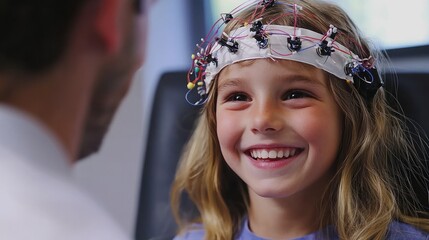 Poster - Child undergoing a pediatric EEG test with a smiling technician. 