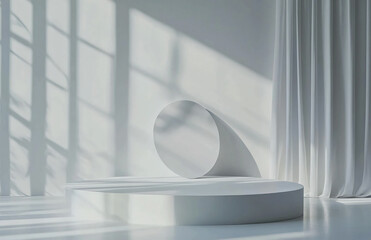 Poster - Minimalist white product display platform with round backdrop and curtain in sunlit room