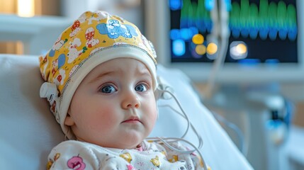 Poster - Child with EEG cap connected to diagnostic equipment. 