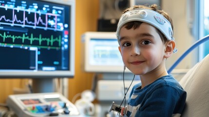 Poster - Child with EEG cap connected to diagnostic equipment. 