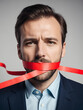 © Cynthia - Caucasian man is silenced with red tape over his mouth, symbolizing censorship and freedom of speech