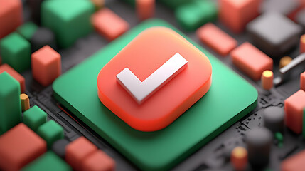 Poster - 3D Render of White Check Mark on Red Square Button on Green Circuit Board