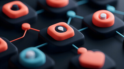 Poster - Abstract 3D Network Connections: Coral and Black Geometric Shapes on Dark Background