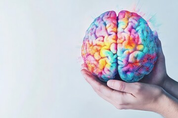 Poster - A person joyfully holding a vibrant and colorful brain symbolizing creativity imagination and intelligence in a bright and inspiring environment