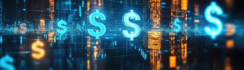 Poster - Symbolic Dollar Sign Superimposed on a Futuristic Digital Background Representing Wealth Finance Economy Technology and Modern Business Concepts