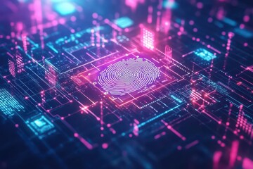 Poster - Intricate Fingerprint Imprinted on a Modern Circuit Board Against a Soft Pink Background Highlighting Technology and Identity in a Unique Artistic Perspective
