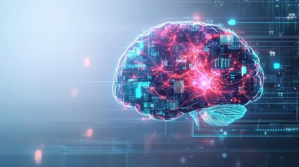 Poster - Intricate Brain Design Featuring Central Circuit Symbolizing Intelligence and Technology Interconnection in a Modern Scientific and Artistic Context