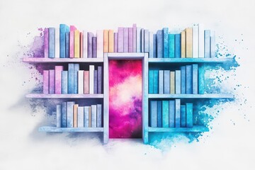 Poster - A Cozy Bookshelf Filled with Colorful Books in a Warm and Inviting Study Creating a Tranquil Atmosphere for Reading and Reflection in a Home Setting