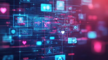 Fototapete - Dynamic Digital Interface Featuring Diverse Icons and Symbols Representing Technology Connectivity and Innovation in a Modern User Experience Environment