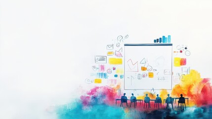 Poster - Engaged Professionals Collaborating Around Large Display During Business Meeting with Graphical Data and Ideas in a Modern Office Environment