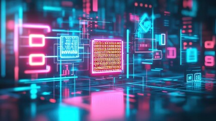 Fototapete - Futuristic Digital Interface Displaying Glowing Neon Elements Against a Dark Background Creating a Vibrant and Cutting Edge Technological Aesthetic