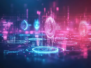 Fototapete - Futuristic Digital Interface Background with Abstract Shapes and Vivid Colors Creating a High-Tech Atmosphere for Innovative Visual Presentations