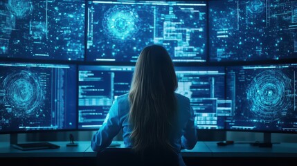 Fototapete - Focused Professional Woman Working at Modern Desk Surrounded by Multiple Computer Screens in a Bright and Productive Office Environment
