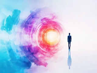 Poster - A man stands confidently in front of a vibrant colorful circle showcasing artistic creativity and an abstract background full of energy and expression