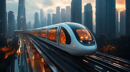 Aufkleber - A sleek maglev train glides smoothly along elevated tracks amidst towering skyscrapers, illuminated by soft evening lights, showcasing modern transportation technology.