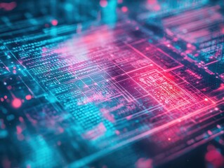Poster - Vivid Computer Circuit Board Illuminated by Dynamic Red and Blue Lights Creating a Futuristic and Technological Atmosphere in Modern Innovation Space
