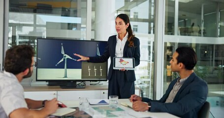 Poster - Presentation, meeting and business people on tablet with windmill for sustainability, innovation and renewable energy. Climate change, manager and woman with wind turbine for electricity production