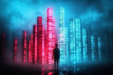 Poster - A solitary man stands in a vibrant cityscape illuminated by striking red and blue lights creating a dynamic and modern urban atmosphere at night