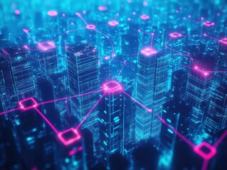 Poster - Vibrant Cityscape Illuminated by Neon Lights Against a Deep Blue Night Sky Creating a Lively Urban Atmosphere Filled with Energy and Excitement