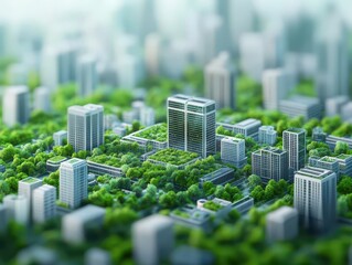 Poster - Vibrant Urban Landscape Featuring Lush Green Trees Amidst Modern Architecture Showcasing the Harmony Between Nature and City Life in a Bustling Environment