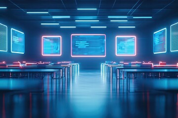 Poster - Mysterious Dark Room Illuminated by Vibrant Neon Lights Casting Colorful Shadows on Tables Creating an Energetic and Enigmatic Atmosphere for Relaxation