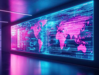 Fototapete - Vibrant World Map Displayed on a Large Screen Illuminating a Modern Workspace with a Focus on Global Connectivity and Collaboration in a Tech Environment