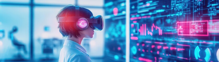 Fototapete - Woman Engaged with Virtual Reality Headset Immersed in Digital Experience in Front of Large Screen Displaying Engaging Visuals and Futuristic Technology