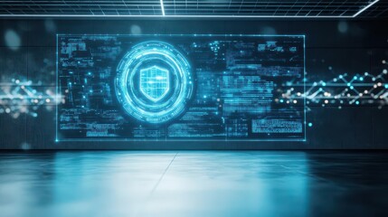 Poster - Futuristic Room Featuring Large Screen Displaying Glowing Blue Circle Illuminating Minimalist Interior Design with High Tech Aesthetic and Modern Ambiance