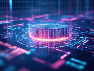 Fototapete - Futuristic Data Processor Illuminated by Glowing Blue and Pink Lights Against a Dark Background Highlighting Technology Innovation and Digital Aesthetics