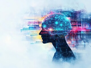 Poster - Intricate Representation of Human Head with Prominent Brain Highlighting Cognitive Processes and Neural Connectivity in a Thoughtful and Reflective Mood