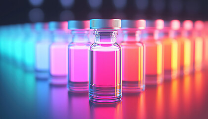 Poster - Colorful glass vials filled with liquid create vibrant display, showcasing spectrum of hues in laboratory setting