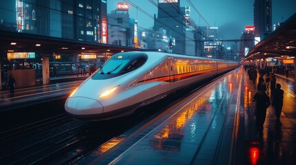 Poster - A sleek high speed train approaches the platform in a vibrant city, illuminated by neon lights and reflecting on wet surfaces as commuters await its arrival.