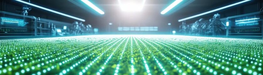 Poster - Futuristic Interior Design Featuring Green Ambient Lighting and Expansive Floor Space Creating a Modern and Inviting Atmosphere for Relaxation
