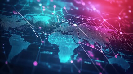 Poster - Vibrant World Map Illustration with Bright Blue and Pink Background Highlighting Geographical Features and Artistic Style for Educational and Creative Purposes