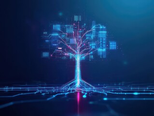 Poster - Enigmatic Tree Illuminated by Ethereal Glowing Lines Against a Deep Blue Night Sky Creating a Mystical and Captivating Atmosphere of Nature's Beauty