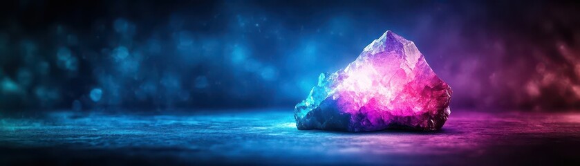Poster - Vibrant Colorful Crystal Stone Glimmering in Dark Background Radiating Light and Creating a Mesmerizing Contrast with Surrounding Shadows and Depth