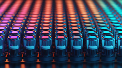 Poster - Vibrant rows of illuminated glass tubes create mesmerizing pattern, showcasing blend of colors and reflections in modern design