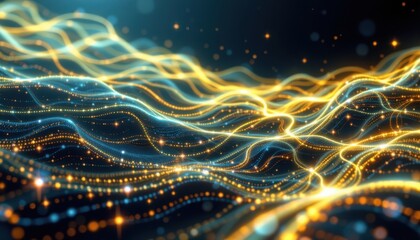 Poster - Digital Flux Illustrate a futuristic digital landscape with flowing lines of light that represent data streams, intertwining against a dark background