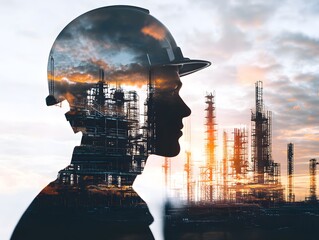 Poster - Engineer Silhouette with Industrial Landscape and Sunset Reflections