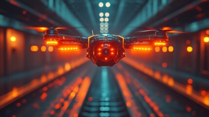 Fototapete - A cutting edge drone equipped with advanced sensors hovers in a subway station, showcasing innovations in logistics and transportation automation for urban commuters.