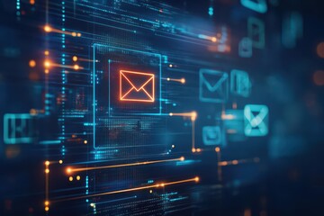 Poster - Vibrant Blue and Orange Email Icon Glowing Against a Dark Background Evoking Modern Communication and Digital Connectivity in a Minimalist Style