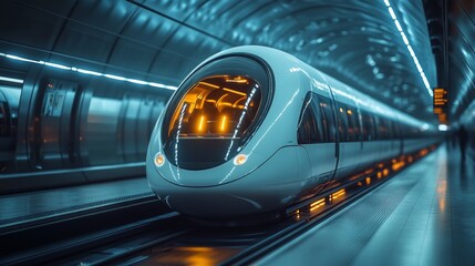 Fototapete - a sleek subway train arrives at an urban station, illuminated by bright lights, illustrating advance