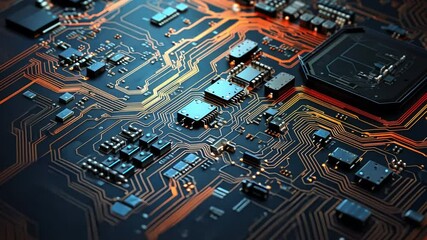 Poster - Circuit Board Close-Up: A detailed macro shot of a modern circuit board, showcasing intricate electronic pathways and components, glowing with vibrant colors, symbolizes cutting-edge technology.