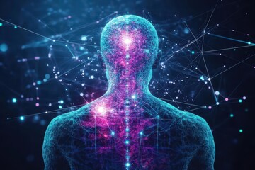 Poster - Intricate Visualization of a Man's Head Surrounded by a Complex Network of Connected Lines Representing Thought Ideas and Digital Connections in Modernity