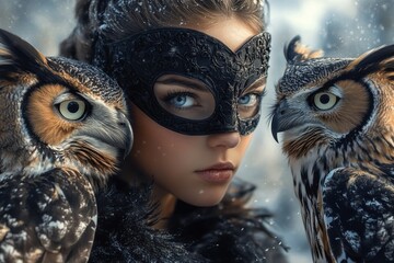 Aufkleber - Beautiful girl in a black mask with two owls, fantasy style, winter background.