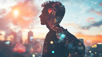 Aufkleber - Silhouette of Man with Digital Network Overlay Against Sunset Sky